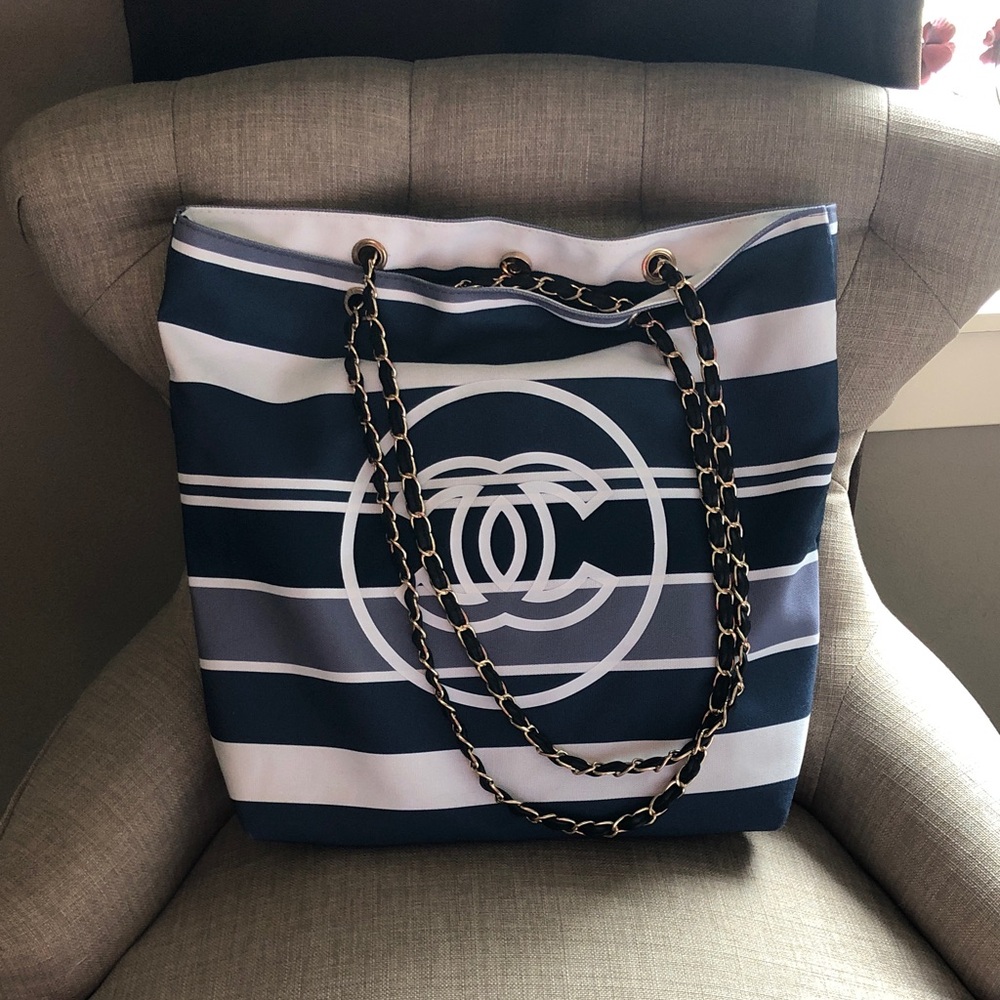 Navy, White & Grey Striped Chain-Handle Fashion Tote
